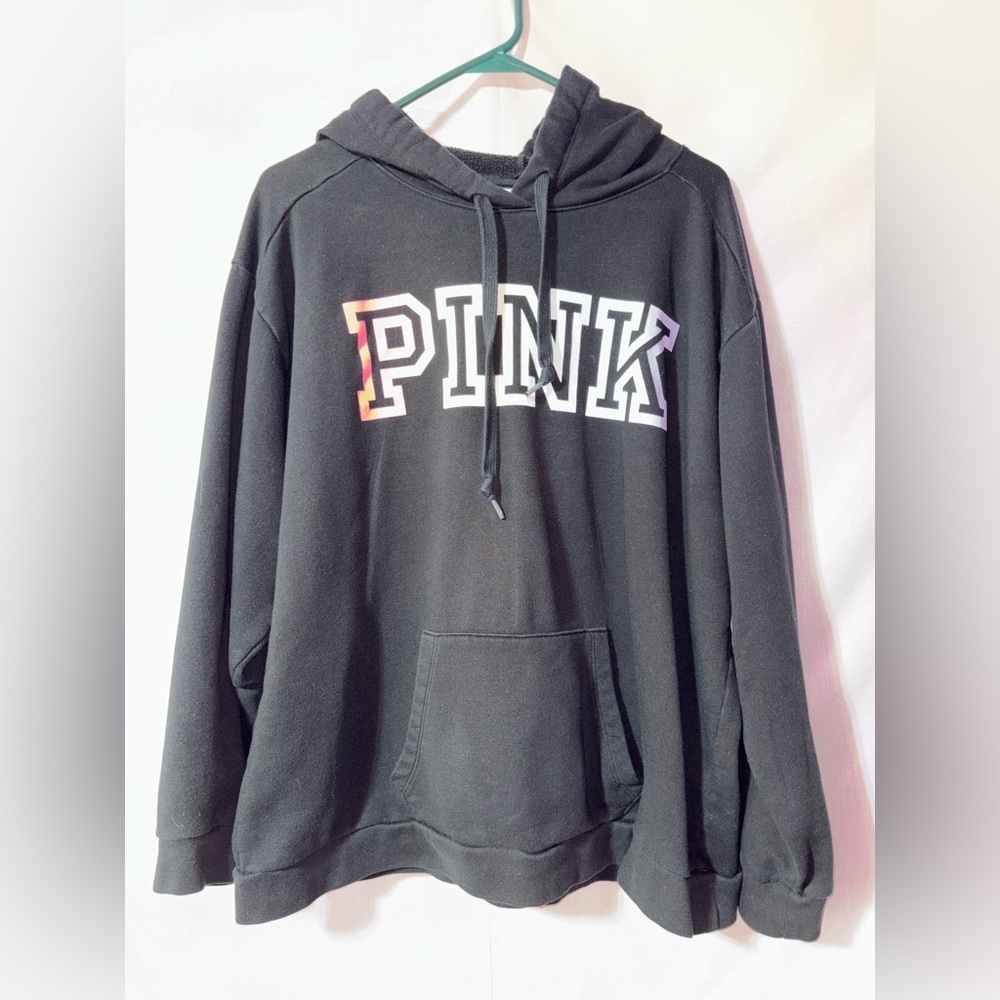 Victoria’s Secret PINK Black Hoodie Pullover Oversized Logo Cozy Sweatshirt